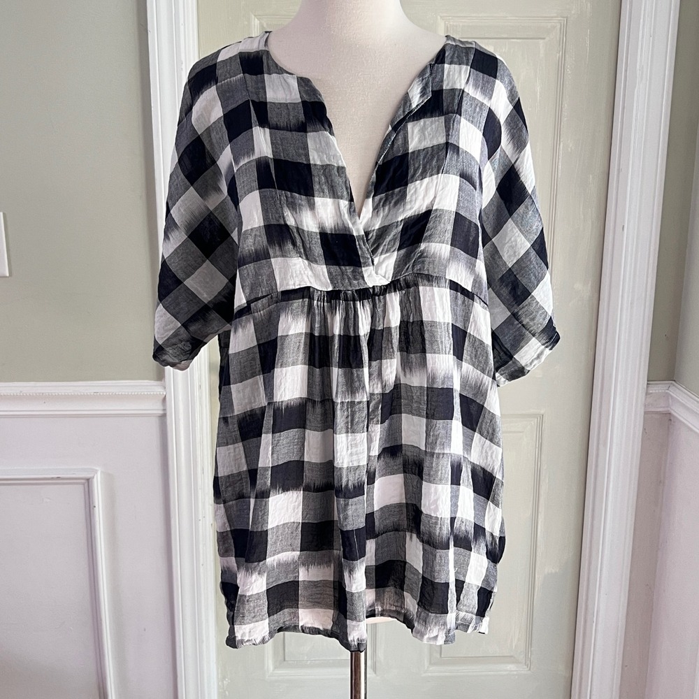 Masai Plaid Tunic S Women Empire Waist Cotton Boho Black White Gingham Top